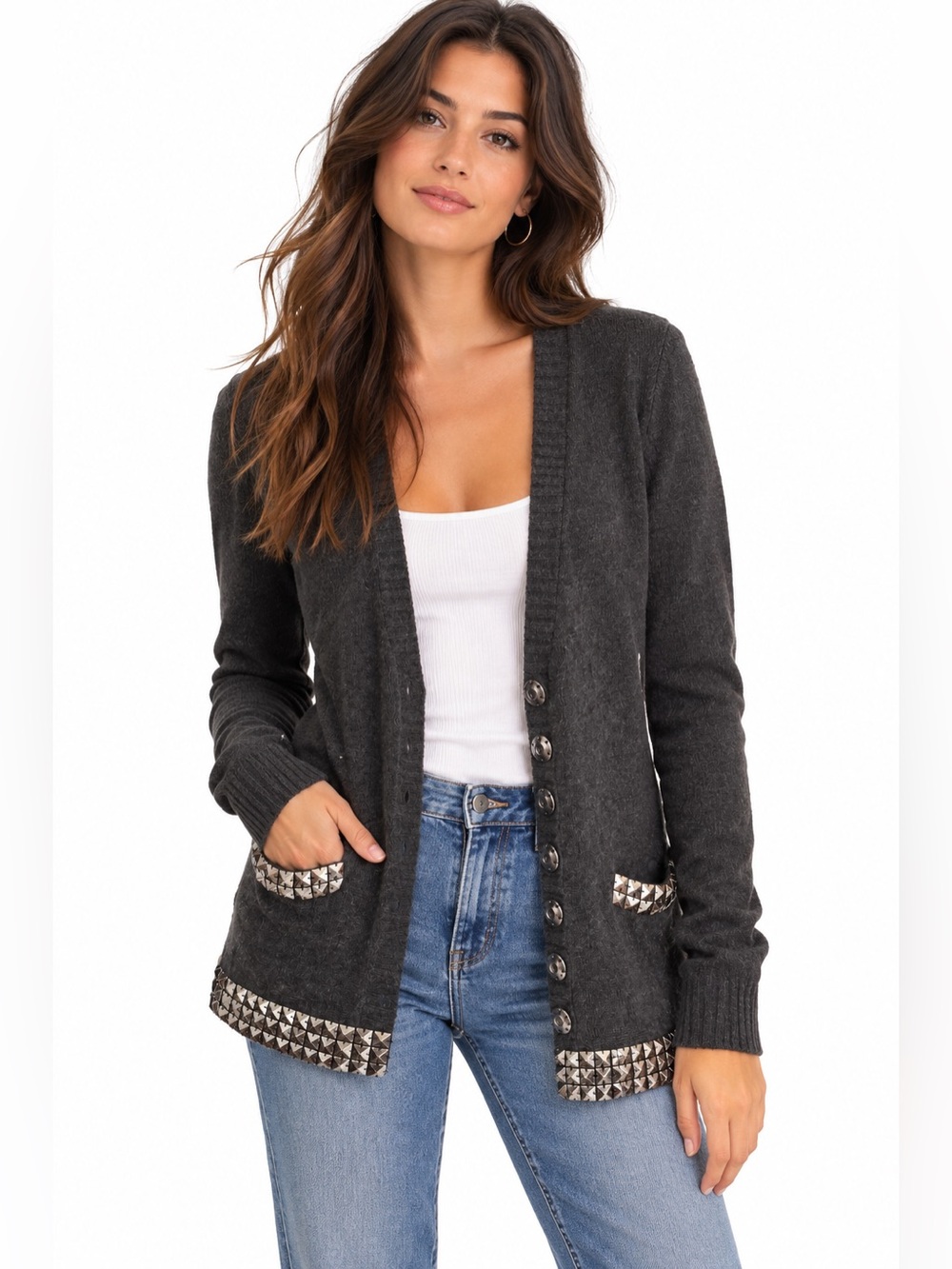 Y2K Studded Cotton Cashmere Cardigan XS Rock Glam Long Sweater